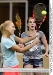 From left: Russian tennis players Anastasia Pavlyuchenkova and Elena Vesnina train prior to the final match of the world group Fed Cup Czech Republic vs. Russia, in Prague, Czech Republic, November 10, 2015. The Czech Republic-Russia Fed Cup match will be played on November 14th and 15th in Prague, Czech Republic. (CTKxPhoto MichalxKamaryt) CTKPhotoP201511100445801  kmt 6