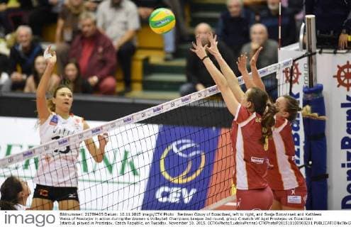Neriman Ozsoy of Eczacibasi, left to right, and Sonja Borovinsek and Kathleen Weiss of Prostejov in action during the Women s Volleyball Champions League 2nd round, group C match VK Agel Prostejov vs Eczacibasi Istanbul, played in Prostejov, Czech Republic, on Tuesday, November 10, 2015. (CTKxPhoto LudekxPerina) CTKPhotoP201511100903201  LPE 005