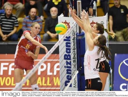 Tatsiana Markevic of Prostejov, left to right, and Christiane Furst and Molly Kreklow of Eczacibasi in action during the Women s Volleyball Champions League 2nd round, group C match VK Agel Prostejov vs Eczacibasi Istanbul, played in Prostejov, Czech Republic, on Tuesday, November 10, 2015. (CTKxPhoto LudekxPerina) CTKPhotoP201511100909301  LPE 009
