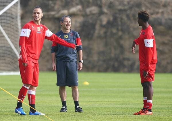 SOCCER - AUT vs SUI, friendly match, preview ALICANTE,SPAIN,11.NOV.15 - SOCCER - OEFB international match Länderspiel Austria vs Switzerland, friendly match, preview, team training camp, training team AUT. Image shows Marko Arnautovic, head coach Marcel Koller and David Alaba (AUT). GEPAxpictures xChristianxOrt