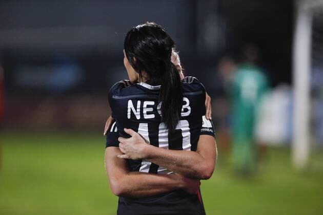 Fußball, Damen, Champions League, Atletico Madrid - Olympique Lyon Olympique Lyonnais s Hegerberg celebrates a goal (0-2) with Necib during UEFA Women s Champions League soccer match between Atletico de Madrid and Olympique Lyonnais, in Madrid, Spain. November 11, 2015.  (20151111045)