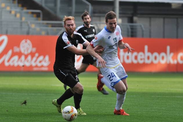 12.11.2015, xtkx, Fussball Testspiel, FSV Mainz 05 - SV Sandhausen v.l. Nico Hammann (SV Sandhausen) , Gaetan Bussmann (Mainz 05) ,