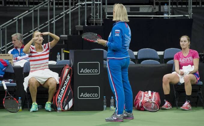 Elena Vesnina, left, and Ekaterina Makarova of Russia attends a training session prior to the final match of the world group Fed Cup Czech Republic vs. Russia, in Prague, Czech Republic, November 12, 2015. The Czech Republic-Russia Fed Cup match will be played on November 14th and 15th in Prague, Czech Republic. (CTKxPhoto VitxSimanek) CTKPhotoP201511120783601  VIS 004