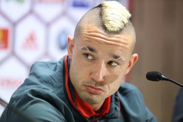 - BRUSSELS, BELGIUM: Belgium s Radja Nainggolan pictured during a press conference PK Pressekonferenz of the Red Devils, the Belgian national soccer team, in Brussels, Thursday 12 November 2015. The team is playing a friendly games against Italy tomorrow in preparation of Euro2016. BRUNOxFAHY  x04738752x