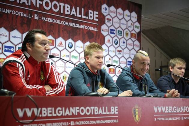 - BRUSSELS, BELGIUM: Belgium s head coach Marc Wilmots, Belgium s Kevin De Bruyne and Belgium s Radja Nainggolan pictured during a press conference PK Pressekonferenz of the Red Devils, the Belgian national soccer team, in Brussels, Thursday 12 November 2015. The team is playing a friendly games against Italy tomorrow in preparation of Euro2016. BRUNOxFAHY  x04738754x
