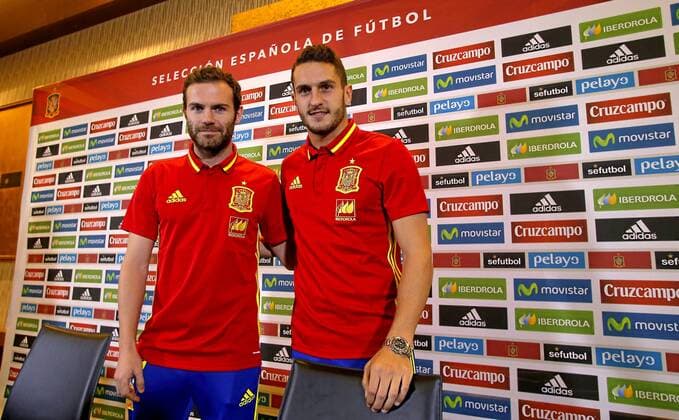 Koke and Mata at press conference PK Pressekonferenz xPABLOGARCIAx 
