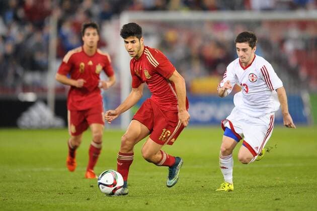 Almeria, SPAIN - November 12: Marco Asensio during the match between Spain against Georgia in Juegos del Mediterraneo stadium. (Photo: Jose Breton) 