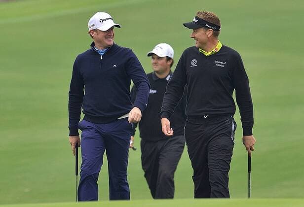 Nov. 13, 2015 - Shanghai, People s Republic of China - JAMIE DONALDSON of Wales (L) and IAN POULTER of England during the BMW Masters day 2 at Lake Malaren Golf Club in Shanghai. Golf 2015 - Shanghai Masters - Day 2  - ZUMAm119