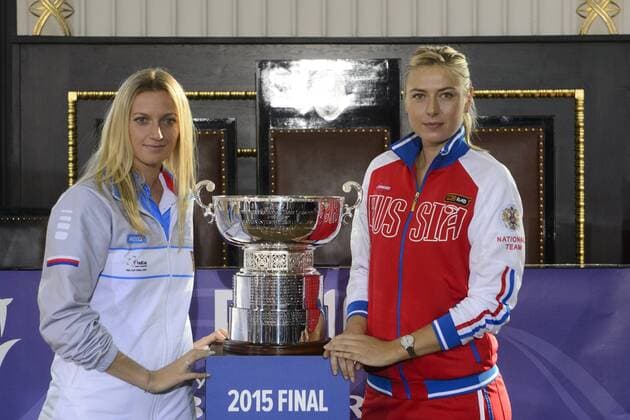 Czech Team tennis player Petra Kvitova (left) and Maria Sarapovova from Russia pose with trophy for winner. Tennis draw of Fed Cup final 2015, Czech Republic - Russia takes place at Old Town Hall in Prague, Czech Republic, November 13, 2015. The Czech Republic-Russia Fed Cup match will be played on November 14th and 15th in Prague, Czech Republic. (CTKxPhoto MichalxKamaryt) CTKPhotoP201511130606801  kmt 7