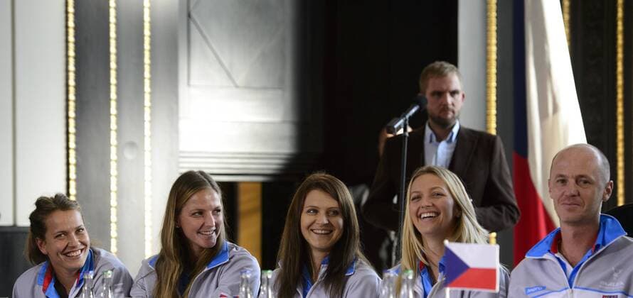 Czech Team tennis players from left Barbora Strycova, Karolina Pliskova, Lucie Safarova, Petra Kvitova, and captain Petr Pala during the Tennis draw of Fed Cup final 2015, Czech Republic - Russia. The tennis draw takes place at Old Town Hall in Prague, Czech Republic, November 13, 2015. The Czech Republic-Russia Fed Cup match will be played on November 14th and 15th in Prague, Czech Republic. (CTKxPhoto MichalxKamaryt) CTKPhotoP201511130621501  kmt 12