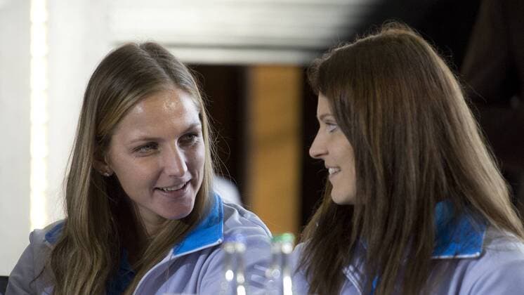 Czech Team tennis players Karolina Pliskova talks with Lucie Safarova during the Tennis draw of Fed Cup final 2015, Czech Republic - Russia, which takes place at Old Town Hall in Prague, Czech Republic, November 13, 2015. The Czech Republic-Russia Fed Cup match will be played on November 14th and 15th in Prague, Czech Republic. (CTKxPhoto MichalxKamaryt) CTKPhotoP201511130650701  kmt 17