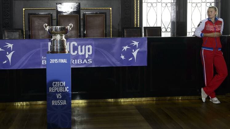 Tennis player Maria Sarapovova from Russia looks at trophy for winner during the drawing lots in Prague, Czech Republic, November 13, 2015. Tennis draw of Fed Cup final 2015, Czech Republic - Russia takes place at Old Town Hall in Prague. The Czech Republic-Russia Fed Cup match will be played on November 14th and 15th in Prague, Czech Republic. (CTKxPhoto MichalxKamaryt) CTKPhotoP201511130622101  kmt 10