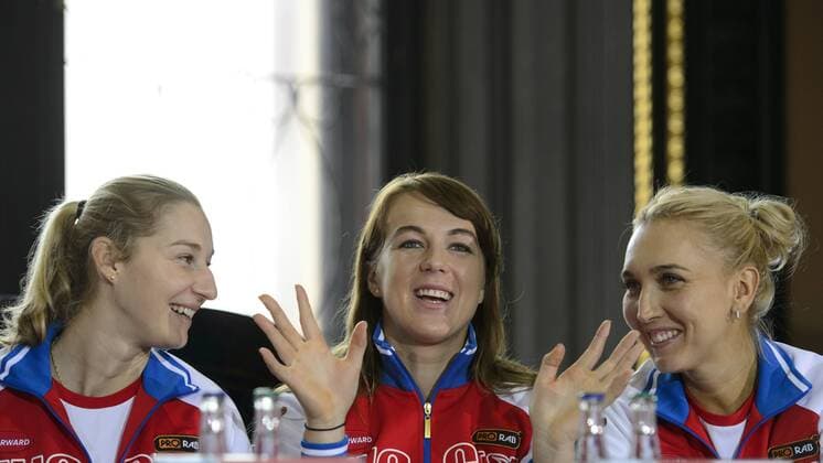 Russia s tennis team players from left Jekaterina Makarovova, Anastasija Pavljucenkovova and Jelena Vesninova pictured during the drawing lots in Prague, Czech Republic, November 13, 2015. Tennis draw of Fed Cup final 2015, Czech Republic - Russia takes place at Old Town Hall in Prague. The Czech Republic-Russia Fed Cup match will be played on November 14th and 15th in Prague, Czech Republic. (CTKxPhoto MichalxKamaryt) CTKPhotoP201511130638401  kmt 16