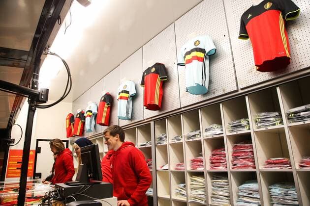 - BRUSSELS, BELGIUM: Illustration picture shows the new shirts at the Belgian fanshop before a friendly soccer game between Belgian national team Nationalteam Red Devils and Italy, in Brussels, Friday 13 November 2015, a game in preparation of the Euro2016 European Championship EM Europameisterschaft BRUNOxFAHY  x04739526x