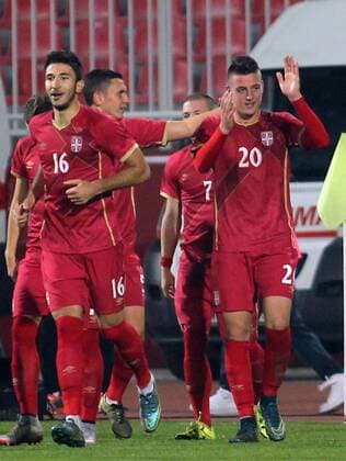 13.11.2015 Novi Sad(Serbia) Serbia-Italy U21 U 21 European qualify men s football Sergej Milinkovic-Savic(r) with Marko Grujic(L) Serbia celebrate first goal on the match : 
