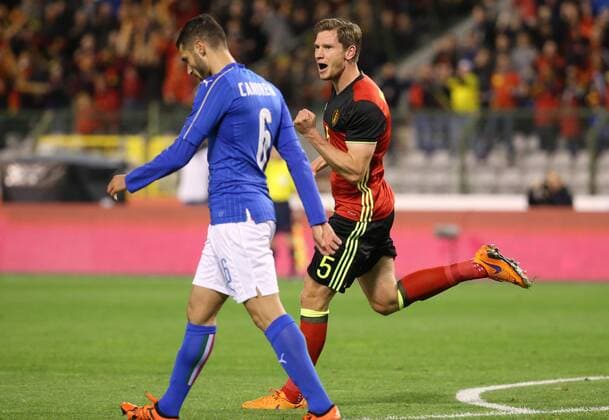 - BRUSSELS, BELGIUM: Belgium s Jan Vertonghen celebrates after scoring the 1-1 goal during a friendly soccer game between Belgian national team Nationalteam Red Devils and Italy, in Brussels, Friday 13 November 2015, a game in preparation of the Euro2016 European Championship EM Europameisterschaft VIRGINIExLEFOUR  x04739599x