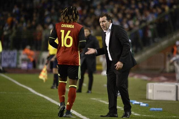 - BRUSSELS, BELGIUM: Belgium s Luis Pedro Cavanda and Belgium s head coach Marc Wilmots pictured during a friendly soccer game between Belgian national team Nationalteam Red Devils and Italy, in Brussels, Friday 13 November 2015, a game in preparation of the Euro2016 European Championship EM Europameisterschaft DIRKxWAEM  x04739613x
