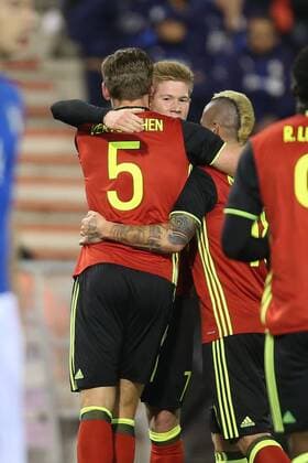 - BRUSSELS, BELGIUM: Belgium s Jan Vertonghen and Belgium s Kevin De Bruyne celebrate after scoring during a friendly soccer game between Belgian national team Nationalteam Red Devils and Italy, in Brussels, Friday 13 November 2015, a game in preparation of the Euro2016 European Championship EM Europameisterschaft BRUNOxFAHY  x04739618x
