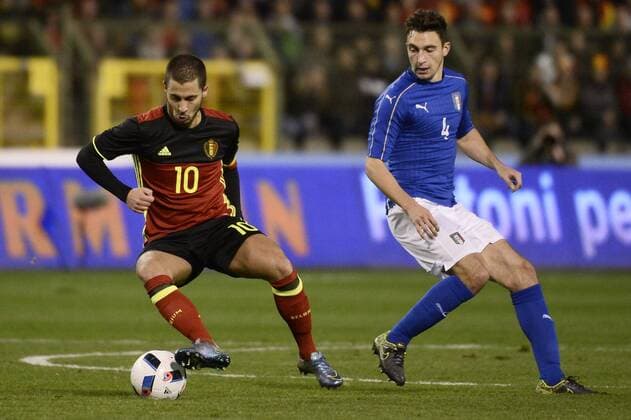 - BRUSSELS, BELGIUM: Belgium s Eden Hazard and Italy s Matteo Darmian fight for the ball during a friendly soccer game between Belgian national team Nationalteam Red Devils and Italy, in Brussels, Friday 13 November 2015, a game in preparation of the Euro2016 European Championship EM Europameisterschaft DIRKxWAEM  x04739621x