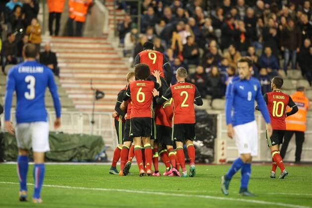 - BRUSSELS, BELGIUM: Belgium s players celebrate after scoring the 1-1 goal during a friendly soccer game between Belgian national team Nationalteam Red Devils and Italy, in Brussels, Friday 13 November 2015, a game in preparation of the Euro2016 European Championship EM Europameisterschaft BRUNOxFAHY  x04739622x
