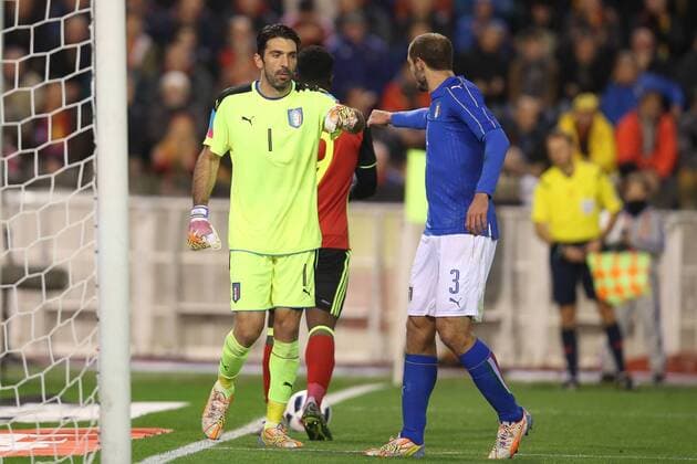 - BRUSSELS, BELGIUM: Italy s goalkeeper Gianluigi Buffon and Italy s Giorgio Chiellini pictured during a friendly soccer game between Belgian national team Nationalteam Red Devils and Italy, in Brussels, Friday 13 November 2015, a game in preparation of the Euro2016 European Championship EM Europameisterschaft BRUNOxFAHY  x04739634x