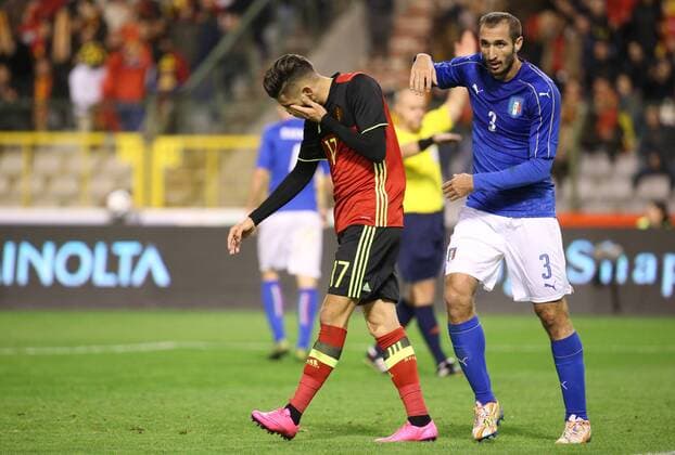 - BRUSSELS, BELGIUM: Belgium s Yannick Ferreira Carrasco and Italy s Giorgio Chiellini pictured during a friendly soccer game between Belgian national team Nationalteam Red Devils and Italy, in Brussels, Friday 13 November 2015, a game in preparation of the Euro2016 European Championship EM Europameisterschaft VIRGINIExLEFOUR  x04739698x