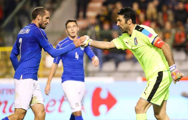 - BRUSSELS, BELGIUM: Italy s Giorgio Chiellini and Italy s goalkeeper Gianluigi Buffon pictured during a friendly soccer game between Belgian national team Nationalteam Red Devils and Italy, in Brussels, Friday 13 November 2015, a game in preparation of the Euro2016 European Championship EM Europameisterschaft VIRGINIExLEFOUR  x04739709x