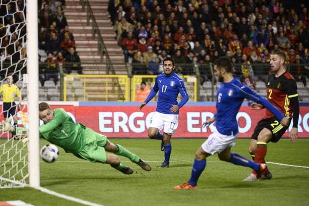 - BRUSSELS, BELGIUM: Italy s Antonio Candreva scores the 0-1 goal during a friendly soccer game between Belgian national team Nationalteam Red Devils and Italy, in Brussels, Friday 13 November 2015, a game in preparation of the Euro2016 European Championship EM Europameisterschaft DIRKxWAEM  x04739720x