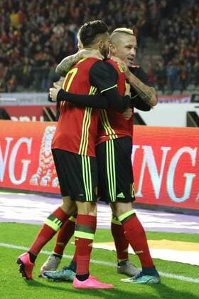 - BRUSSELS, BELGIUM: Belgium s Kevin De Bruyne (C) celebrates with Belgium s Yannick Ferreira Carrasco and Belgium s Radja Nainggolan after scoring the 2-1 during a friendly soccer game between Belgian national team Nationalteam Red Devils and Italy, in Brussels, Friday 13 November 2015, a game in preparation of the Euro2016 European Championship EM Europameisterschaft BRUNOxFAHY  x04739849x