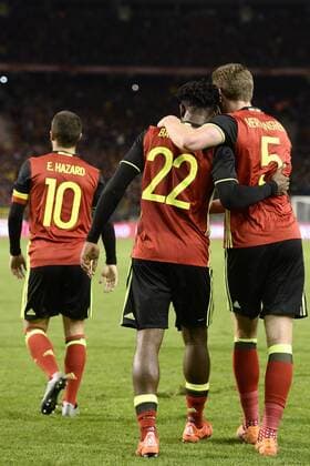 - BRUSSELS, BELGIUM: Belgium s Michy Batshuayi celebrates with Belgium s Jan Vertonghen after scoring the 3-1 goal during a friendly soccer game between Belgian national team Nationalteam Red Devils and Italy, in Brussels, Friday 13 November 2015, a game in preparation of the Euro2016 European Championship EM Europameisterschaft DIRKxWAEM  x04739873x