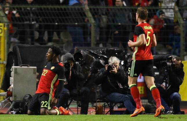 - BRUSSELS, BELGIUM: Belgium s Michy Batshuayi celebrates after scoring the 3-1 goal during a friendly soccer game between Belgian national team Nationalteam Red Devils and Italy, in Brussels, Friday 13 November 2015, a game in preparation of the Euro2016 European Championship EM Europameisterschaft VIRGINIExLEFOUR  x04739867x