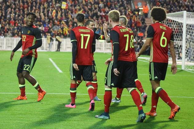 - BRUSSELS, BELGIUM: Belgium s Michy Batshuayi and Belgium s players celebrate during a friendly soccer game between Belgian national team Nationalteam Red Devils and Italy, in Brussels, Friday 13 November 2015, a game in preparation of the Euro2016 European Championship EM Europameisterschaft BRUNOxFAHY  x04739890x