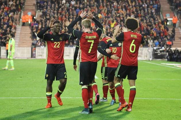 - BRUSSELS, BELGIUM: Belgium s Michy Batshuayi, Belgium s Kevin De Bruyne and Belgium s Axel Witsel celebrate during a friendly soccer game between Belgian national team Nationalteam Red Devils and Italy, in Brussels, Friday 13 November 2015, a game in preparation of the Euro2016 European Championship EM Europameisterschaft BRUNOxFAHY  x04739889x