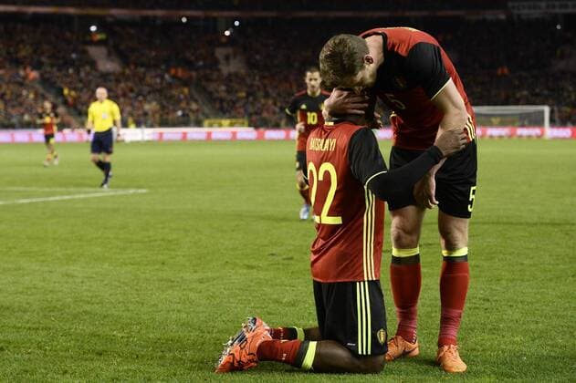 - BRUSSELS, BELGIUM: Belgium s Michy Batshuayi celebrates with Belgium s Jan Vertonghen after scoring the 3-1 goal during a friendly soccer game between Belgian national team Nationalteam Red Devils and Italy, in Brussels, Friday 13 November 2015, a game in preparation of the Euro2016 European Championship EM Europameisterschaft DIRKxWAEM  x04739882x