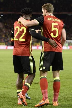 - BRUSSELS, BELGIUM: Belgium s Michy Batshuayi celebrates with Belgium s Jan Vertonghen after scoring the 3-1 goal during a friendly soccer game between Belgian national team Nationalteam Red Devils and Italy, in Brussels, Friday 13 November 2015, a game in preparation of the Euro2016 European Championship EM Europameisterschaft DIRKxWAEM  x04739884x