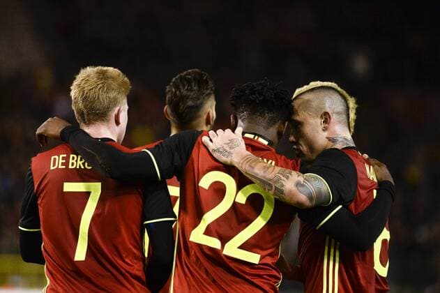 - BRUSSELS, BELGIUM: Belgium s Kevin De Bruyne, Belgium s Michy Batshuayi and Belgium s Radja Nainggolan celebrate during a friendly soccer game between Belgian national team Nationalteam Red Devils and Italy, in Brussels, Friday 13 November 2015, a game in preparation of the Euro2016 European Championship EM Europameisterschaft DIRKxWAEM  x04739885x