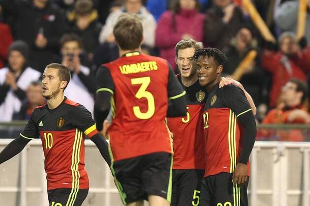 - BRUSSELS, BELGIUM: Belgium s Michy Batshuayi celebrates after scoring during a friendly soccer game between Belgian national team Nationalteam Red Devils and Italy, in Brussels, Friday 13 November 2015, a game in preparation of the Euro2016 European Championship EM Europameisterschaft BRUNOxFAHY  x04739894x