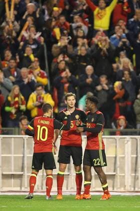 - BRUSSELS, BELGIUM: Belgium s Axel Witsel, Belgium s Jan Vertonghen and Belgium s Michy Batshuayi celebrate after scoring the 3-1 goal during a friendly soccer game between Belgian national team Nationalteam Red Devils and Italy, in Brussels, Friday 13 November 2015, a game in preparation of the Euro2016 European Championship EM Europameisterschaft BRUNOxFAHY  x04739891x