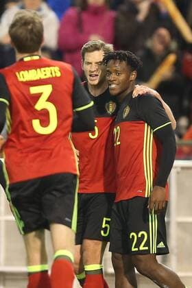 - BRUSSELS, BELGIUM: Belgium s Michy Batshuayi celebrates with Belgium s Jan Vertonghen after scoring the 3-1 goal during a friendly soccer game between Belgian national team Nationalteam Red Devils and Italy, in Brussels, Friday 13 November 2015, a game in preparation of the Euro2016 European Championship EM Europameisterschaft BRUNOxFAHY  x04739893x