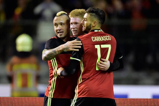 De Bruyne Kevin forward of Belgium celebrates scoring a goal with teammates Nainggolan Radja midfielder of Belgium and Ferraira Carrasco Yannick forward of Belgium FOOTBALL : Belgique vs Italie - Match Amical - Bruxelles - 13 11 2015 PhotoNews Panoramic 