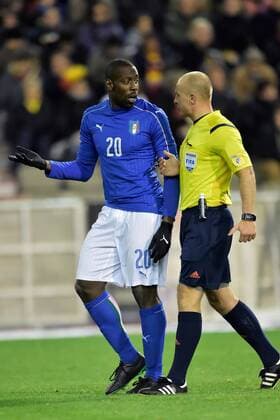 Stefano Okaka forward of Italy in discussion with referee during a FIFA International Friendly Länderspiel match between Belgium and Italy as part of the FOOTBALL : Belgique vs Italie - Match Amical - Bruxelles - 13 11 2015 PhotoNews Panoramic 