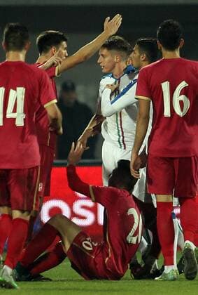 13.11.2015 Novi Sad(Serbia) Serbia-Italy U21 U 21 European qualify men s football Tensions during match between Andrija Lukovic(2L)Serbia and Andrea Conti(3rd from right) Italy : 