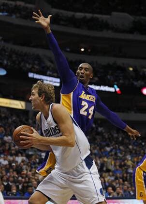 Nov. 13, 2015 - Dallas, TX, USA - The Los Angeles Lakers Kobe Bryant (24) pressures the Dallas Mavericks Dirk Nowitzki (41) in the first period at the American Airlines Center in Dallas on Friday, Nov. 13, 2015. LA Lakers at Dallas - ZUMAm67_