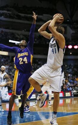 Nov. 13, 2015 - Dallas, TX, USA - The Los Angeles Lakers Kobe Bryant (24) pressures the Dallas Mavericks Dirk Nowitzki (41) in the first period at the American Airlines Center in Dallas on Friday, Nov. 13, 2015. LA Lakers at Dallas - ZUMAm67_
