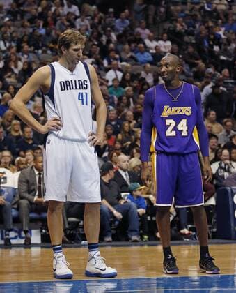 Nov. 13, 2015 - Dallas, TX, USA - The Dallas Mavericks Dirk Nowitzki (41) and the Los Angeles Lakers Kobe Bryant (24) during a free throw in the third period at the American Airlines Center in Dallas on Friday, Nov. 13, 2015. The Mavs won, 90-82. LA Lakers at Dallas - ZUMAm67_