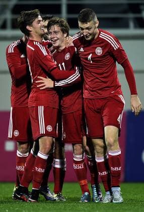 13.11.2015 Giurgiu(Romania) Romania-Denmark U21 U 21 European qualify men s football Lucas Andersen(L),Frederik Borsting(c) and Patrick Banggaard(r) Denmark celebration :Str 