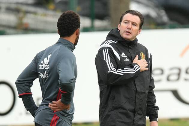 Fußball, Training Nationalteam Belgien - BRUSSELS, BELGIUM: Belgium s Moussa Dembele and Belgium s head coach Marc Wilmots pictured during a training session of the Red Devils, the Belgian national soccer team, in Zaventem, Saturday 14 November 2015. The team played Yesterday a friendly game against Italy and next Tuesday against Spain in preparation of Euro2016. BRUNOxFAHY  x04740056x
