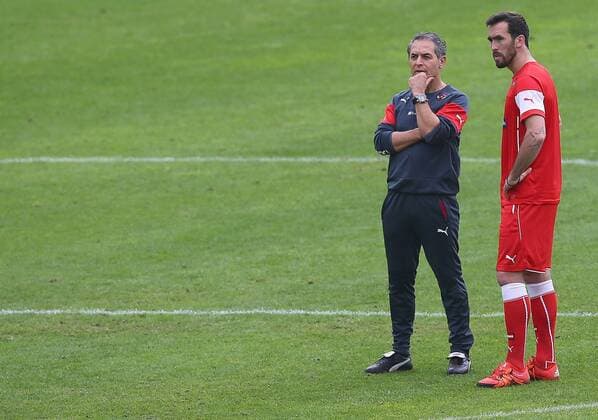SOCCER - AUT vs SUI, friendly match, preview ALICANTE,SPAIN,14.NOV.15 - SOCCER - OEFB international match Länderspiel Austria vs Switzerland, friendly match, preview, team training camp, training team AUT. Image shows head coach Marcel Koller and Christian Fuchs (AUT). GEPAxpictures xChristianxOrt