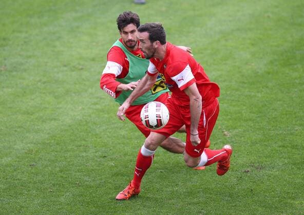 SOCCER - AUT vs SUI, friendly match, preview ALICANTE,SPAIN,14.NOV.15 - SOCCER - OEFB international match Länderspiel Austria vs Switzerland, friendly match, preview, team training camp, training team AUT. Image shows Gyoergy Garics and Christian Fuchs (AUT). GEPAxpictures xChristianxOrt