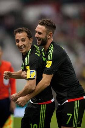 Andres Guardado (L) of Mexico celebrates after scoring with his teammate Miguel Layun during the 2018 World Cup qualifying match between Mexico and El Salvador at Azteca Stadium in Mexico City, capital of Mexico, on Nov. 13, 2015. Mexico won 3-0. Pedro Mera) (rhj) (SP)MEXICO-MEXICO CITY-SOCCER-MEXICO VS EL SALVADOR e PedroxMera 